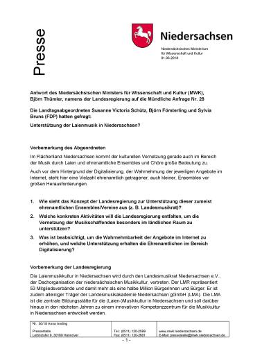 Cover der Antwort der Landesregierung auf die Anfrage Nr. 28