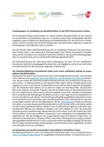 Positionspapier Musiklehrkräfte RPTU Kaiserslautern-Landau