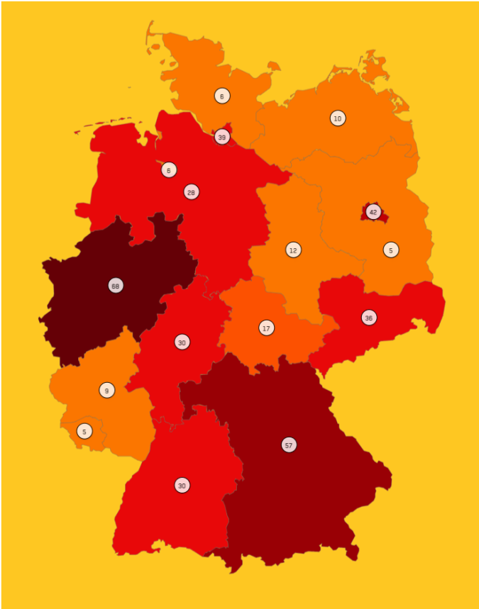Kartendarstellung: Geförderte Musikclubs (NK2) nach Bundesländern