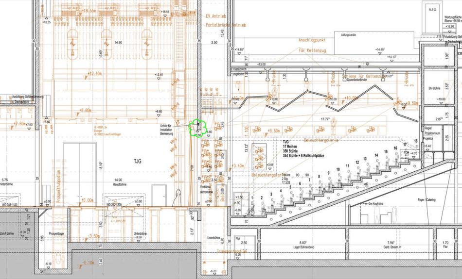 Plan der Bühnentechnik der Staatsoperette Dresden im Kraftwerk Mitte