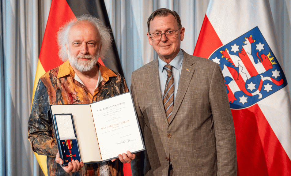 Der Programmdirektor des Rudolstadt-Festivals Bernhard Hanneken und Thüringens Ministerpräsident Bodo Ramelow