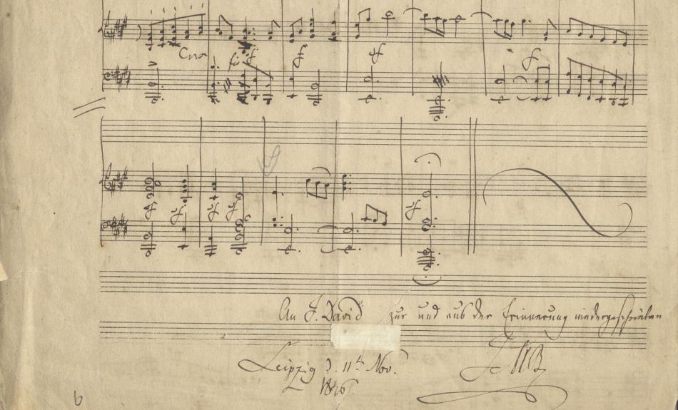 Klavierstimme zu Johann Sebastian Bachs Partita für Violine in E-Dur, BWV 1006, mit Widmung von Felix Mendelssohn Bartholdy