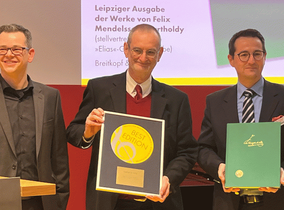 (v.l.) Clemens Scheuch, Vizepräsident Deutscher Musikverleger-Verband e.V., Dr. Ralf Wehner, Arbeitstellenleiter der Leipziger Mendelssohn-Ausgabe, Nick Pfefferkorn, Leiter des Verlages Breitkopf & Härtel